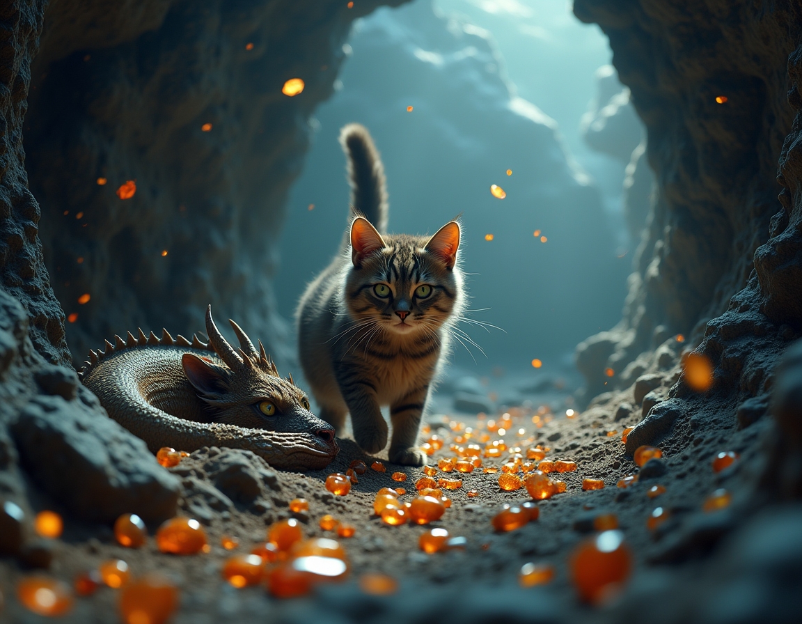 Cat explores a hidden cavern where a dragon slumbers among piles of glittering gems. Subtle beams of light illuminate the cat’s cautious journey through this fantastical realm.