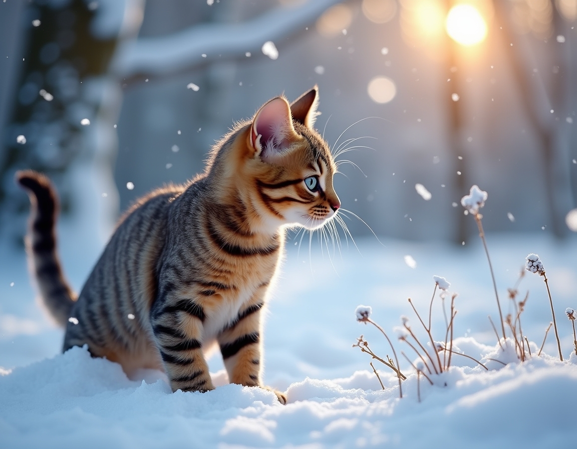 Cat explores a tranquil snowy landscape, its fur dusted with snowflakes as it observes the serene winter forest, bathed in the soft glow of the setting sun.


