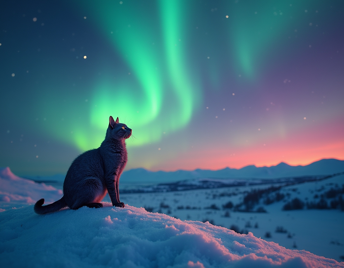 Cat watches in awe as the Northern Lights light up the night sky, casting vibrant colors across the snowy landscape, creating a surreal and magical winter adventure.