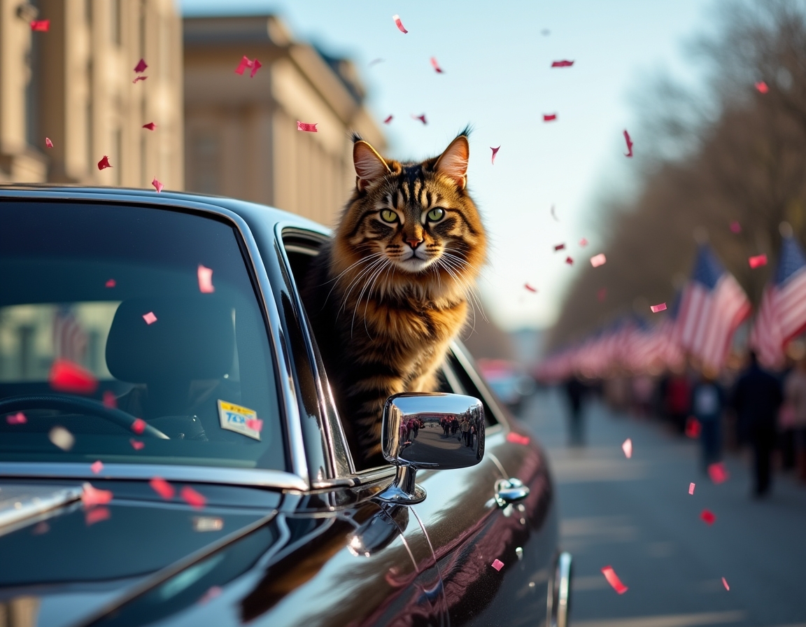 Cat in a celebratory motorcade, enjoying the confetti and cheering crowds during the inauguration parade.