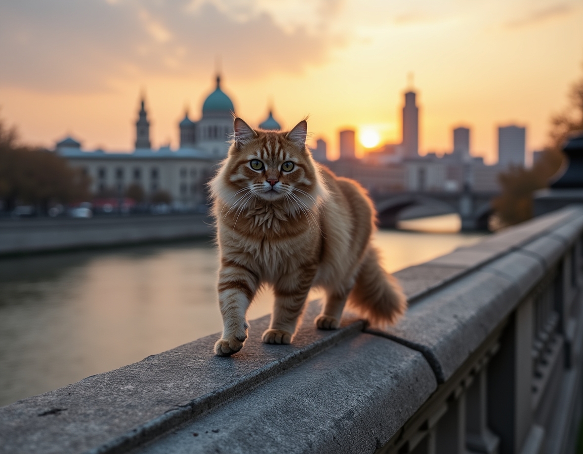 Cat explores a scenic urban bridge, taking in the breathtaking views of the skyline.