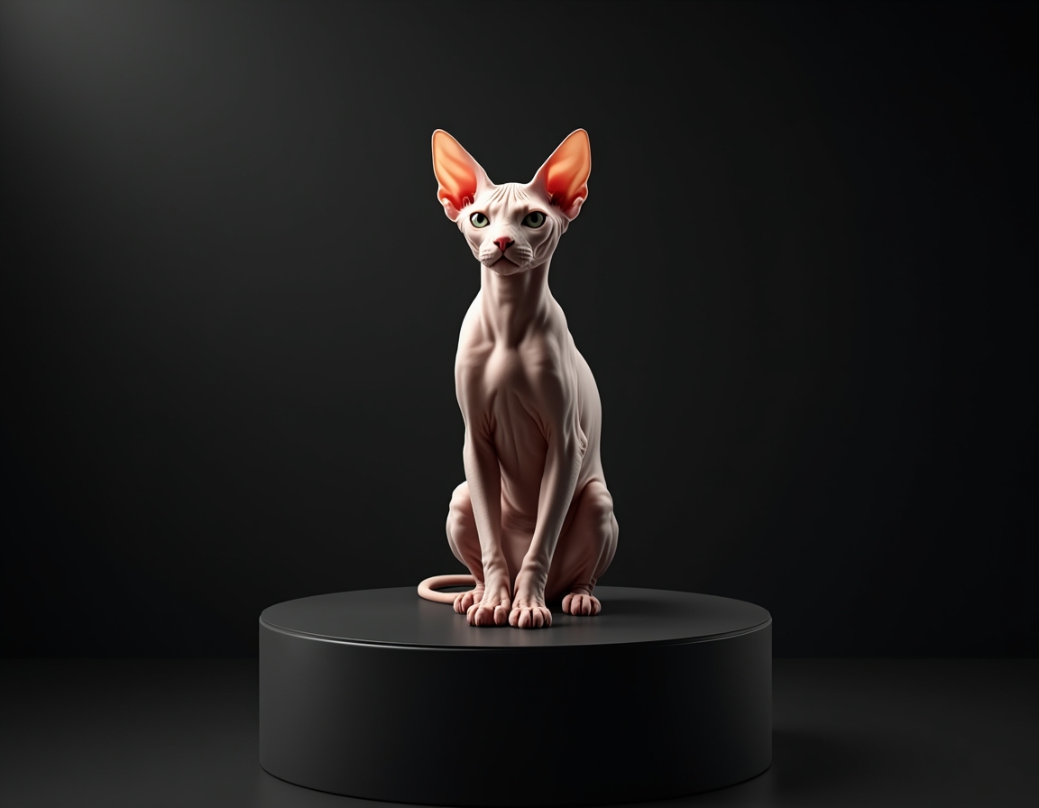 Photorealistic studio portrait of cat sitting elegantly on a black podium under a bright spotlight.