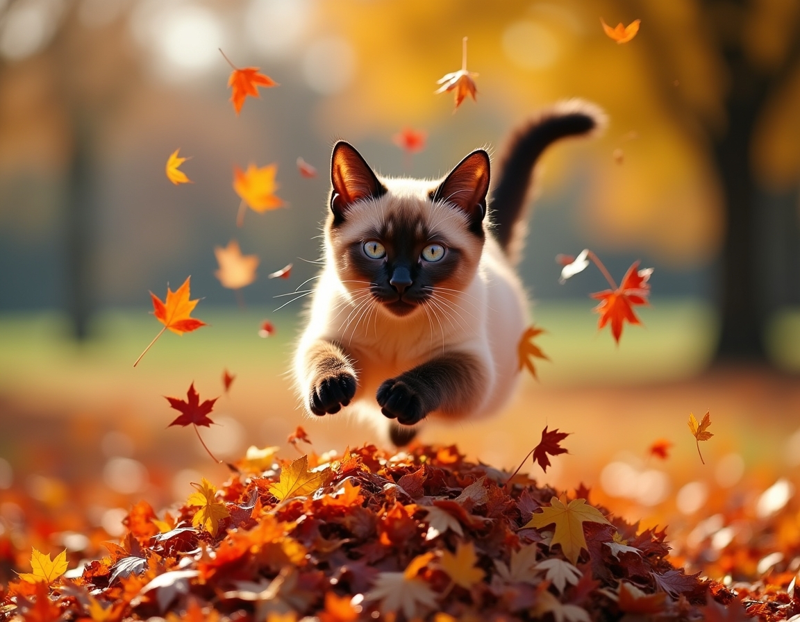 Cat jumps joyfully into a pile of autumn leaves, scattering vibrant colors and radiating playful energy.
