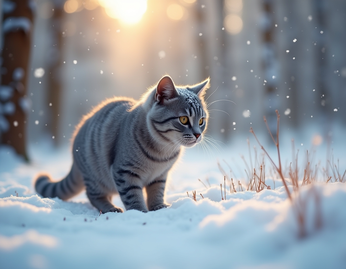 Cat explores a tranquil snowy landscape, its fur dusted with snowflakes as it observes the serene winter forest, bathed in the soft glow of the setting sun.


