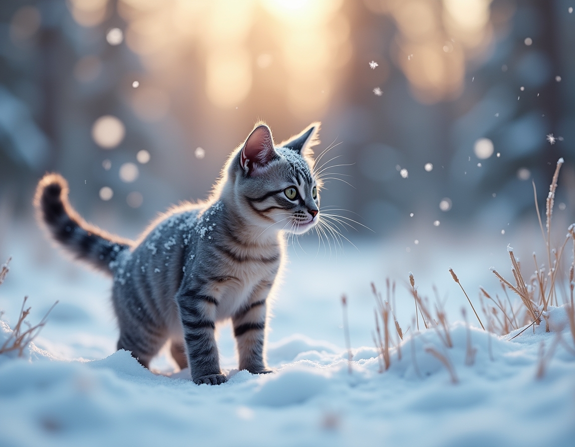 Cat explores a tranquil snowy landscape, its fur dusted with snowflakes as it observes the serene winter forest, bathed in the soft glow of the setting sun.

