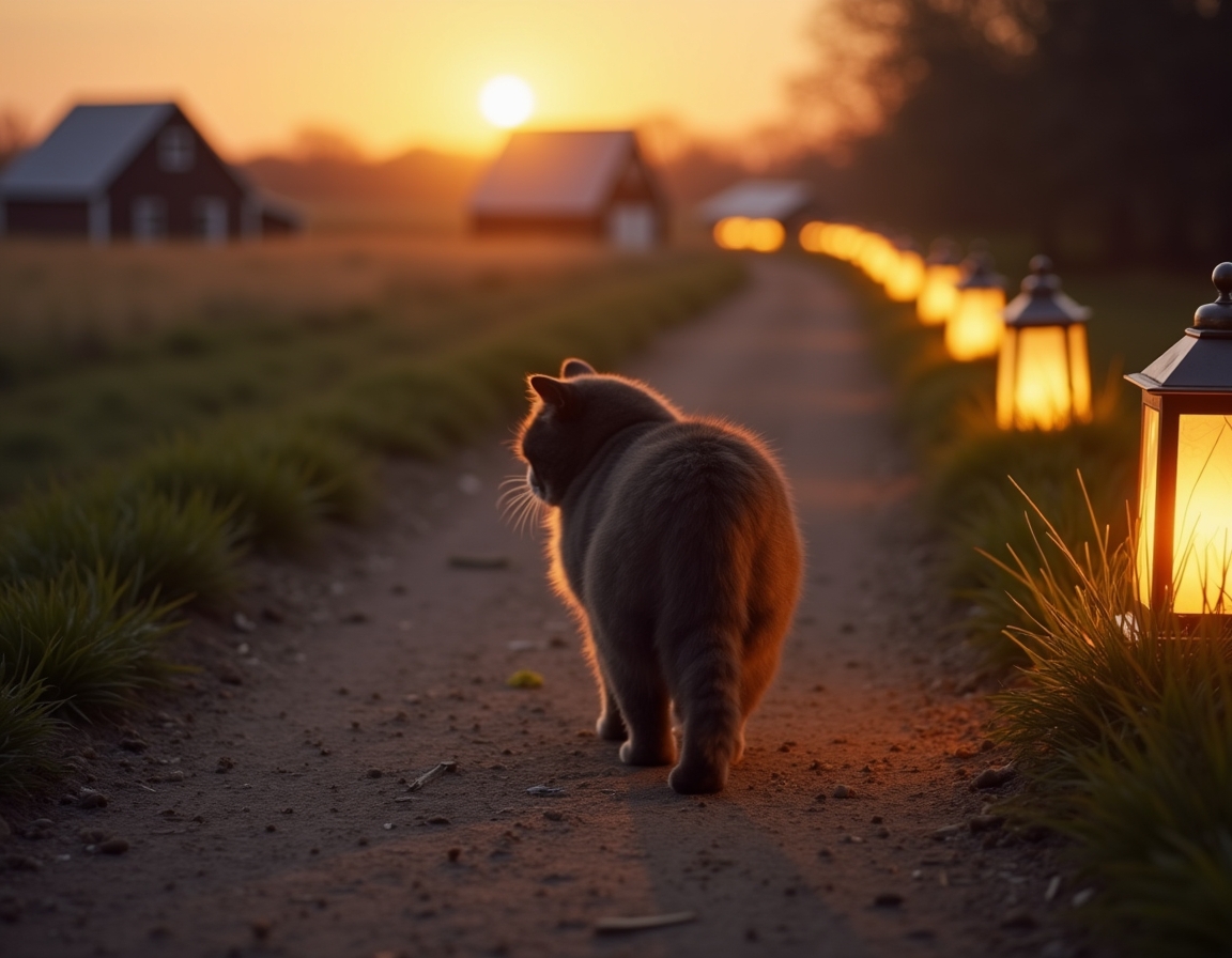Cat enjoys a quiet walk along a farm path, illuminated by the soft glow of evening lanterns.