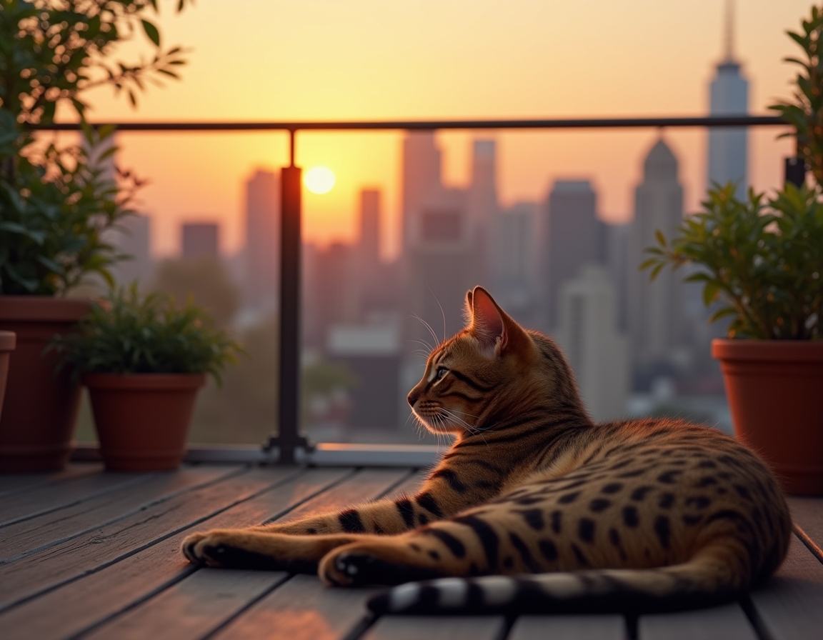 Cat relaxes on a rooftop terrace, enjoying the serenity above the urban buzz.