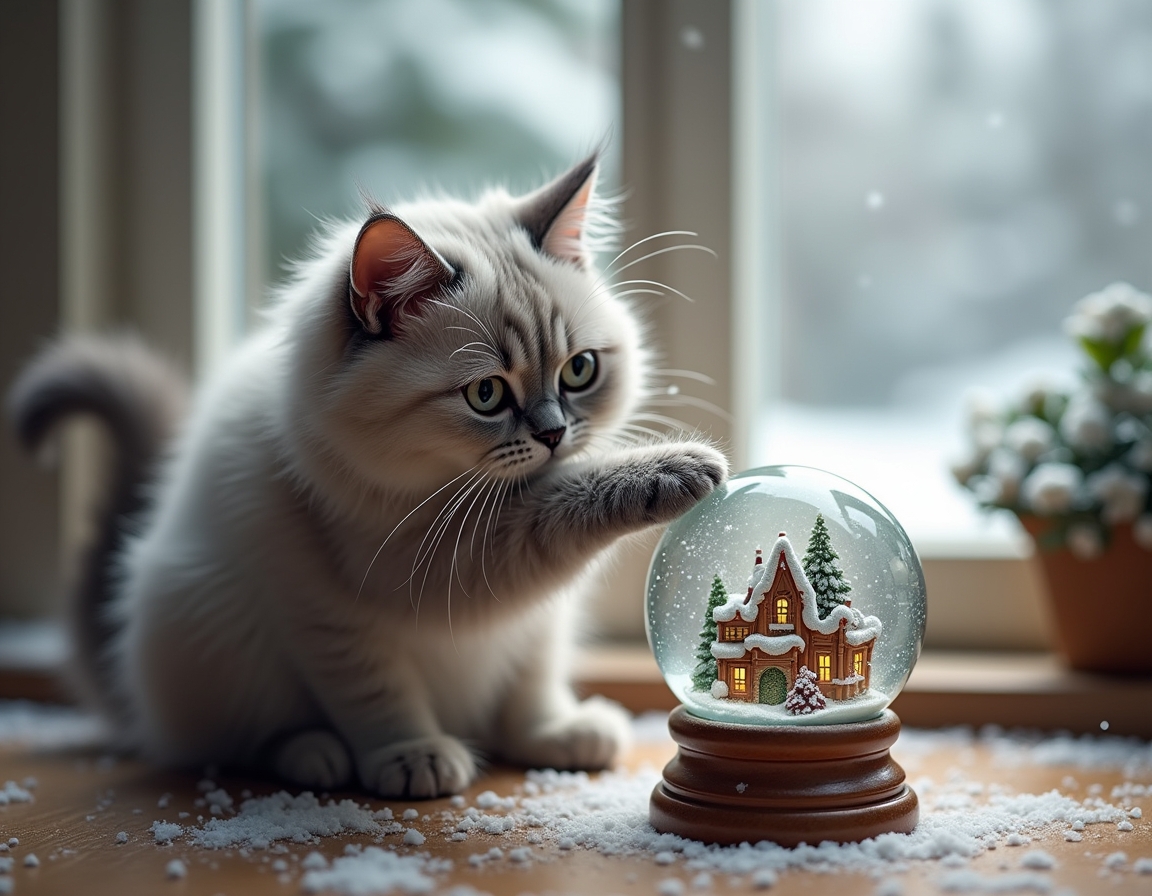 Playful cat bats at a snow globe on a table, mesmerized by the swirling snowflakes inside. The globe features a miniature Christmas village, while a snowy landscape is visible through the window in the background, enhancing the festive atmosphere.