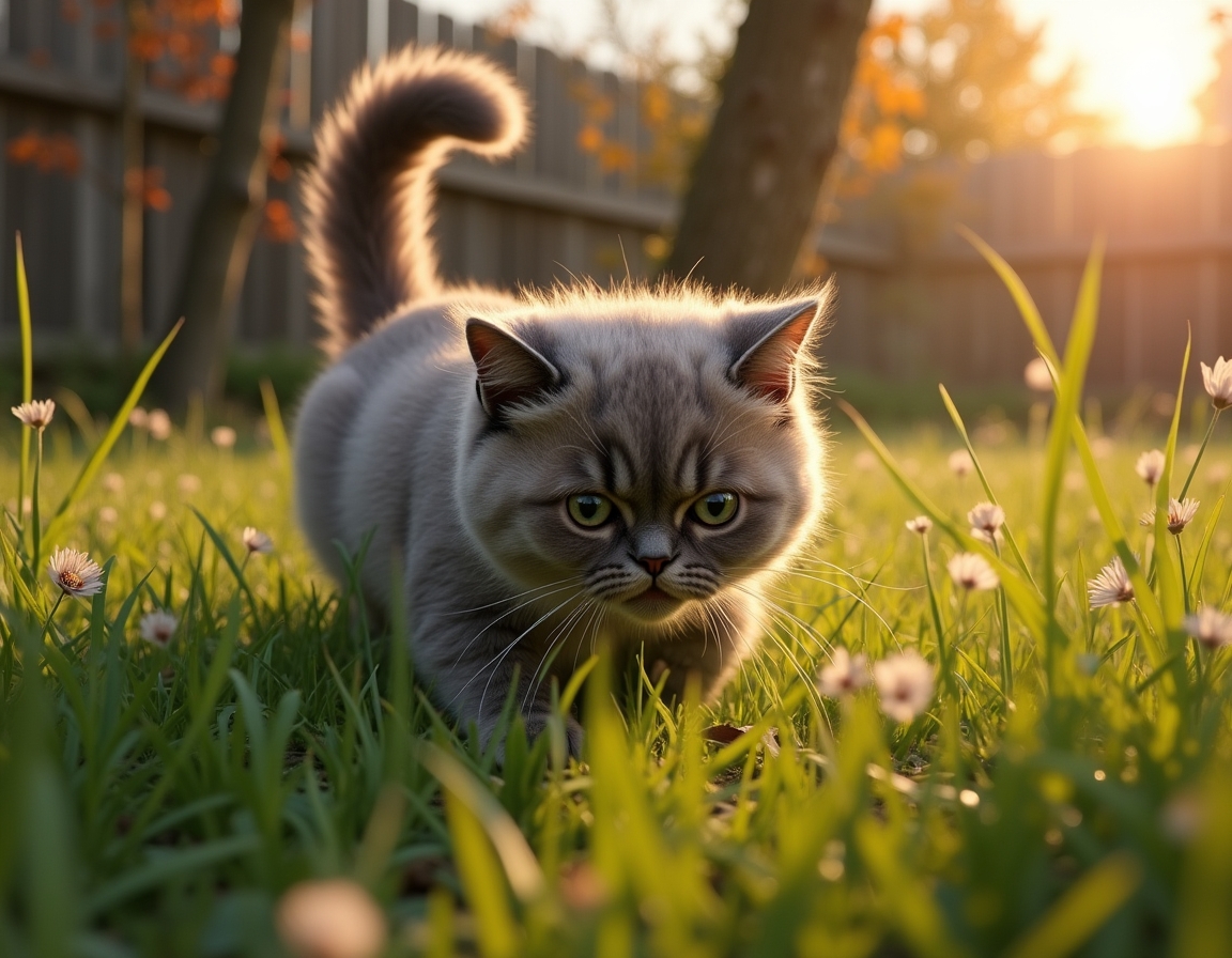 Cat crouches in tall grass, its sharp gaze fixed on a small insect nearby. The warm golden light of sunset and a wooden garden fence frame the scene.