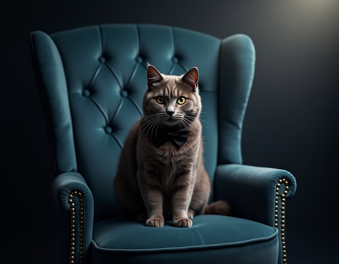 Photorealistic image of cat posed on a luxurious velvet chair in a studio. The backdrop is a deep navy blue with soft spotlighting that highlights the cat's fur and a sleek black bowtie, giving the scene a sophisticated, formal atmosphere.