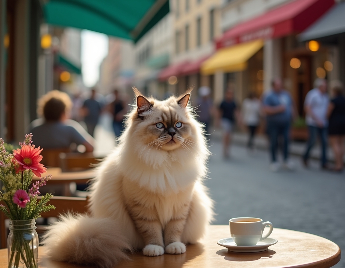 Cat sits contentedly at an outdoor cafe, enjoying the bustling streets and warm sunlight.