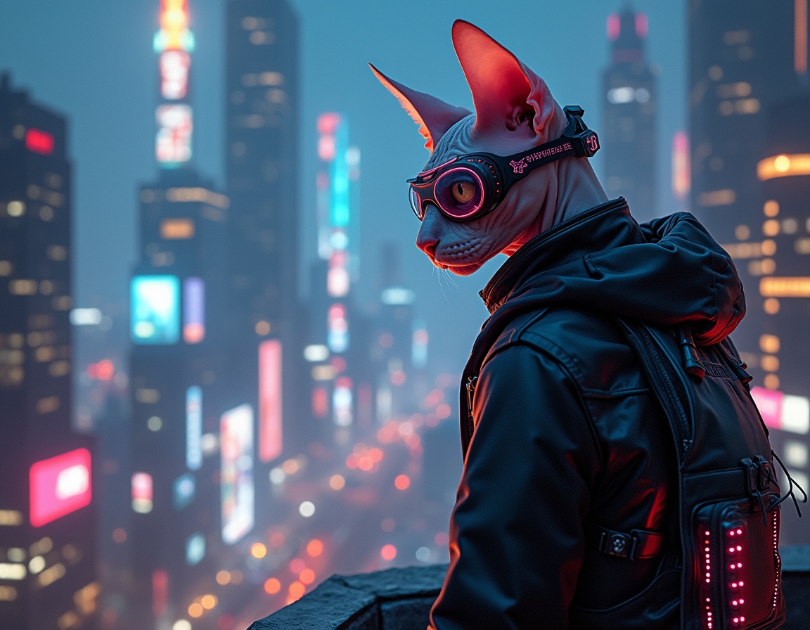 Cat stands on a futuristic skyscraper rooftop, wearing glowing cybernetic goggles. A neon-lit cityscape with flying cars and holograms stretches below.