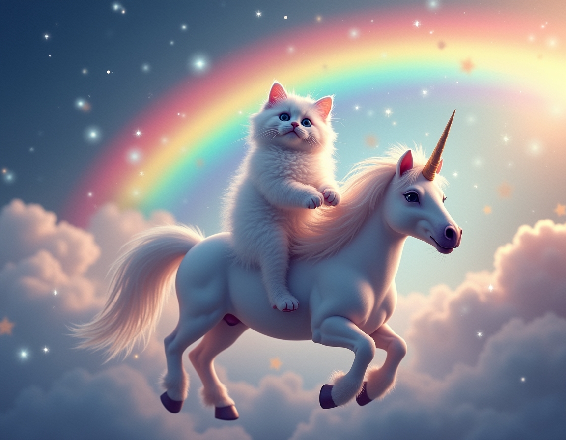 Cat rides a magical unicorn galloping across a rainbow, surrounded by glittering stars and fluffy clouds. The unicorn’s glowing horn creates a dreamy atmosphere.