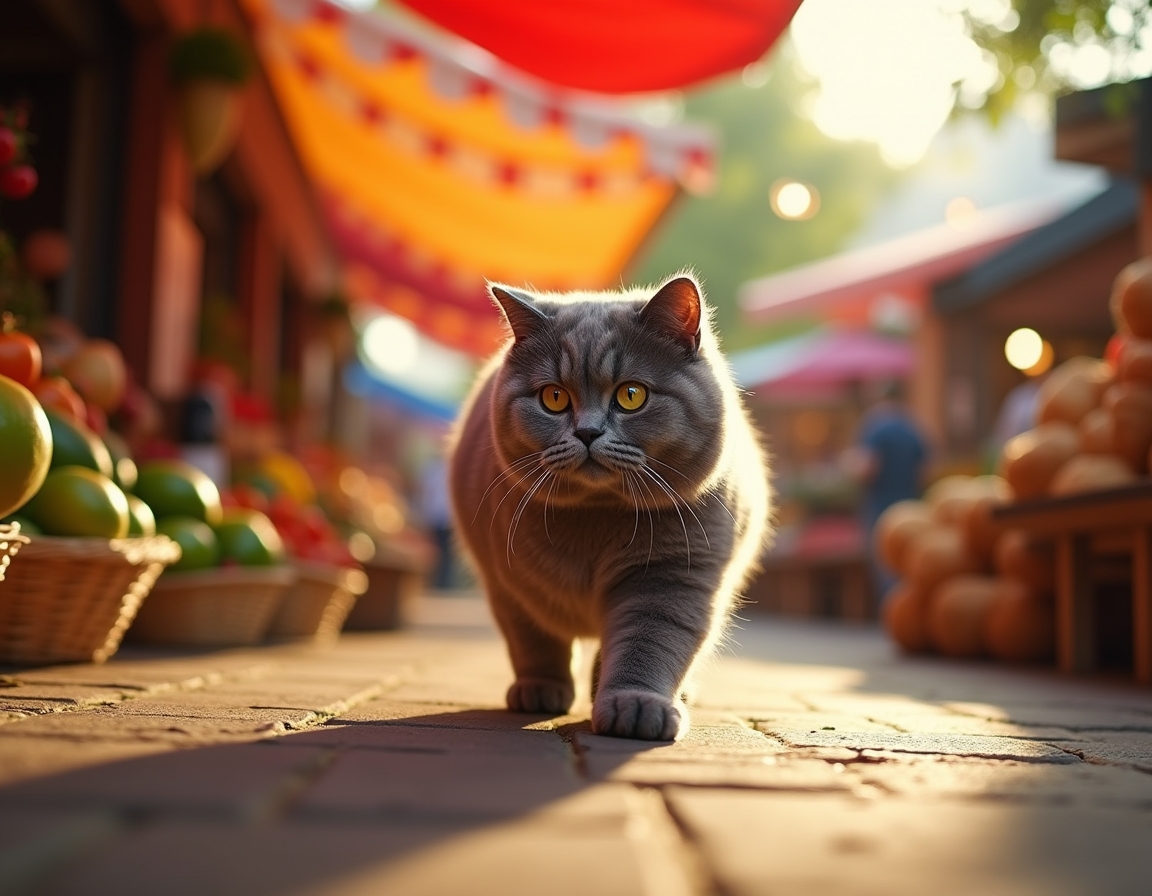 Cat wanders through a lively market, surrounded by fresh produce, baked goods, and aromas.