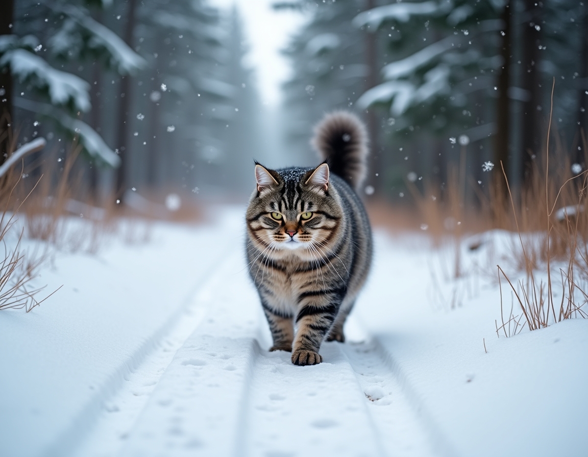Cat walks along a snowy winter trail, leaving footprints in the fresh snow while surrounded by peaceful pine trees and gently falling snowflakes.