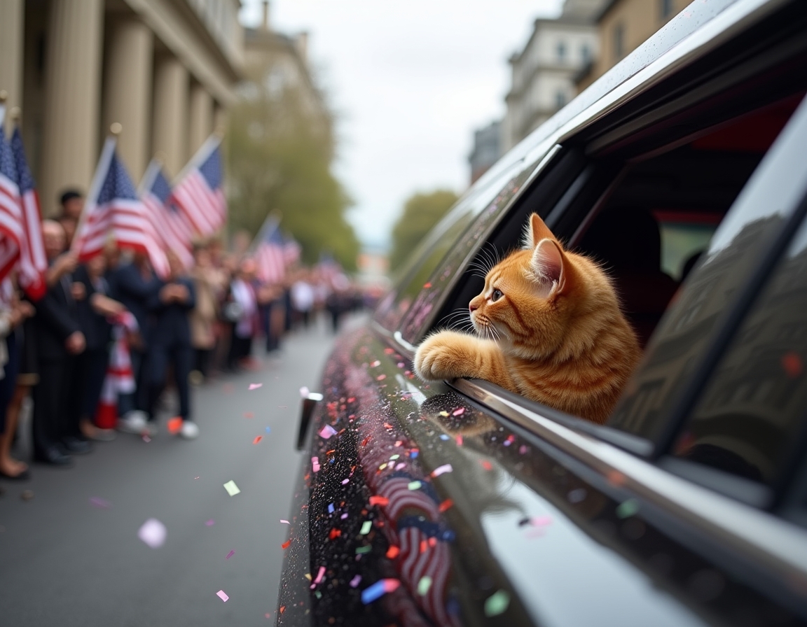 Cat in a celebratory motorcade, enjoying the confetti and cheering crowds during the inauguration parade.