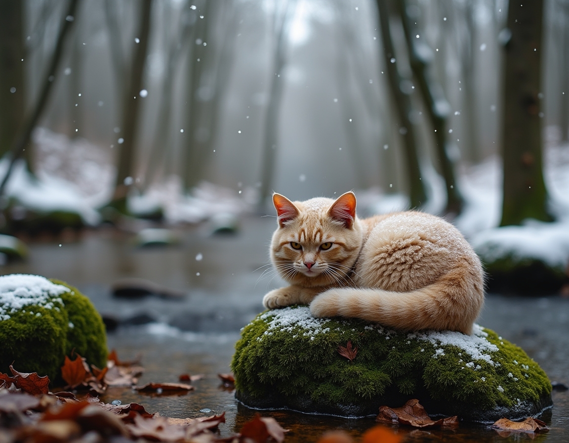 Cat relaxes on a mossy rock in a snowy woodland clearing, surrounded by snow-dusted trees and a peaceful stream, creating a tranquil moment in nature.