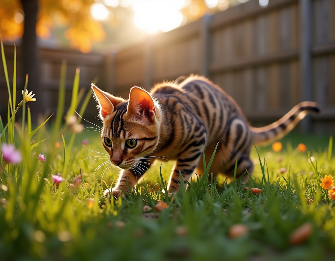 Cat crouches in tall grass, its sharp gaze fixed on a small insect nearby. The warm golden light of sunset and a wooden garden fence frame the scene.