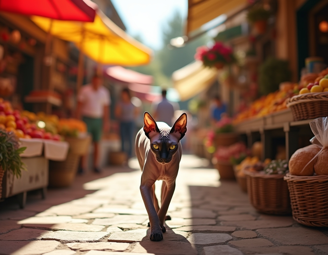 Cat wanders through a lively market, surrounded by fresh produce, baked goods, and aromas.