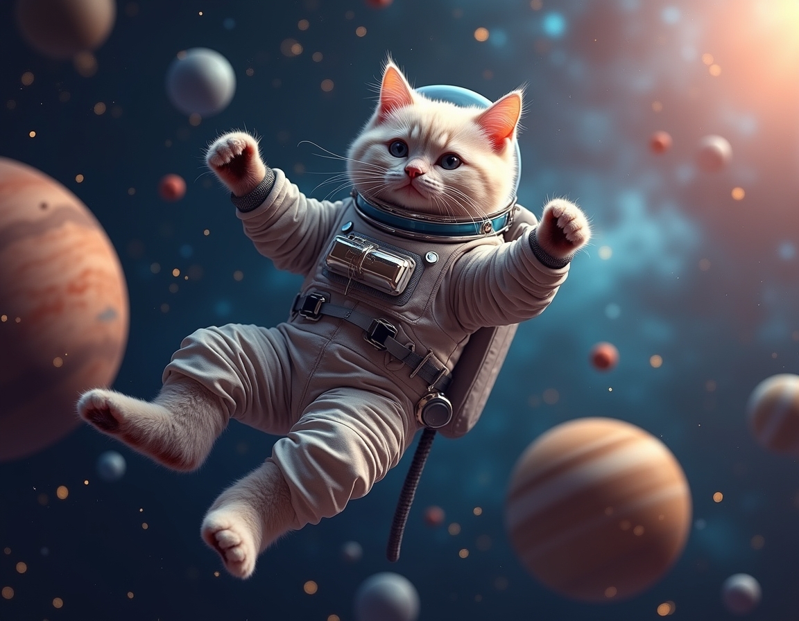 Cat floats weightlessly in space, wearing a high-tech spacesuit. Vibrant planets, shining stars, and distant nebulae create a stunning cosmic backdrop.