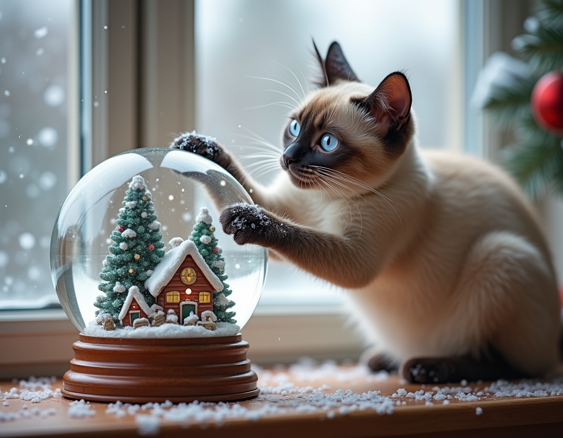 Playful cat bats at a snow globe on a table, mesmerized by the swirling snowflakes inside. The globe features a miniature Christmas village, while a snowy landscape is visible through the window in the background, enhancing the festive atmosphere.