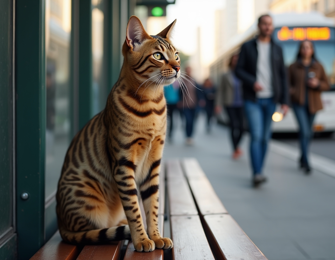 Cat observes the activity of a city bus stop, soaking in the energy of urban life.