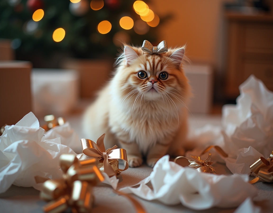 Playful cat surrounded by crumpled wrapping paper, ribbons, and empty boxes, with a shiny bow on its head. Christmas decorations and half-wrapped presents complete the festive scene.