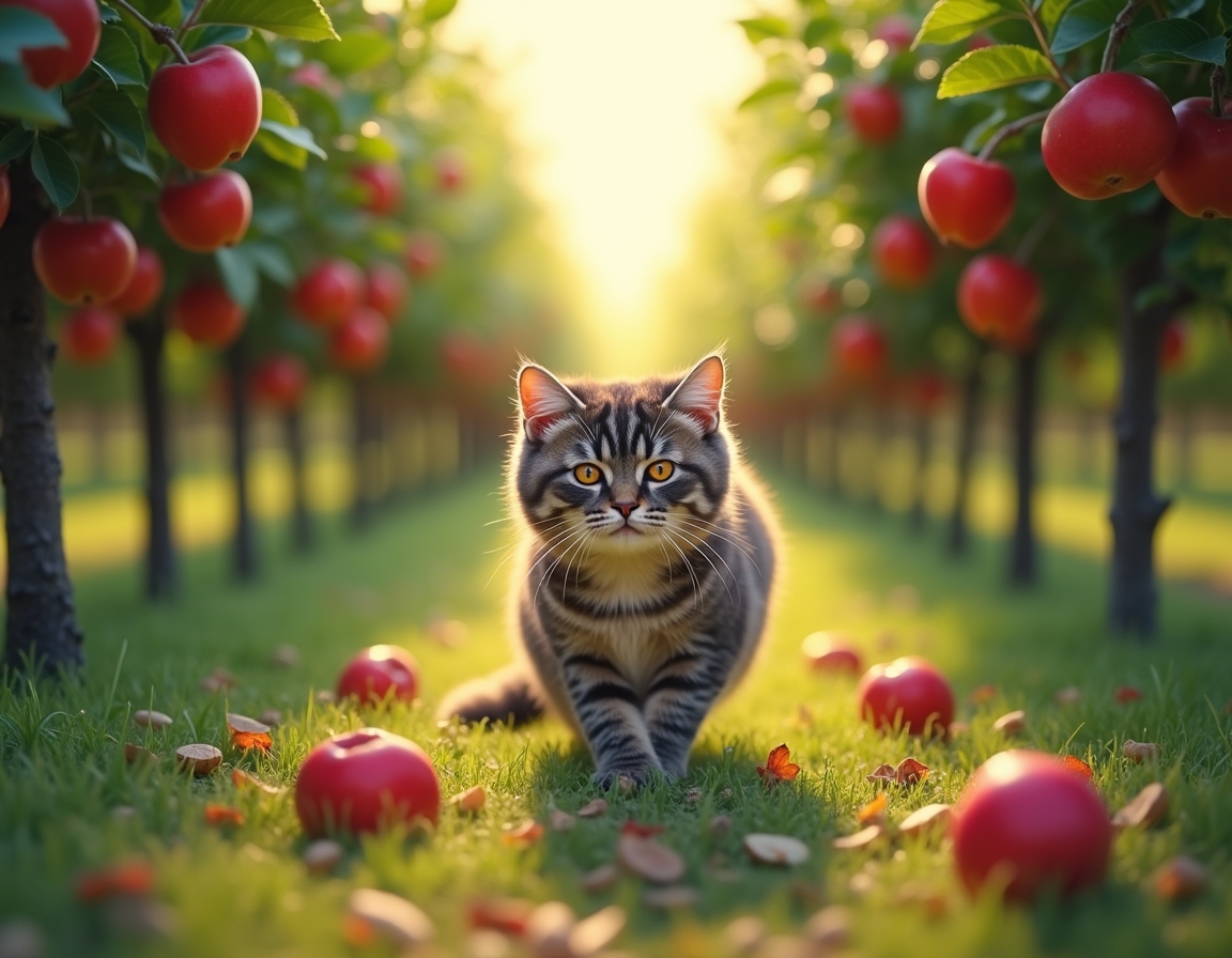 Cat explores an orchard filled with fragrant fruit and dappled sunlight.