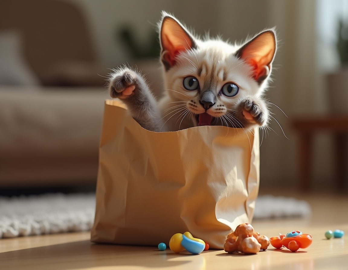 Cat hides partly inside a crumpled paper bag, with its paws playfully batting at the edges. The room features cozy decor with soft lighting and homey furniture.