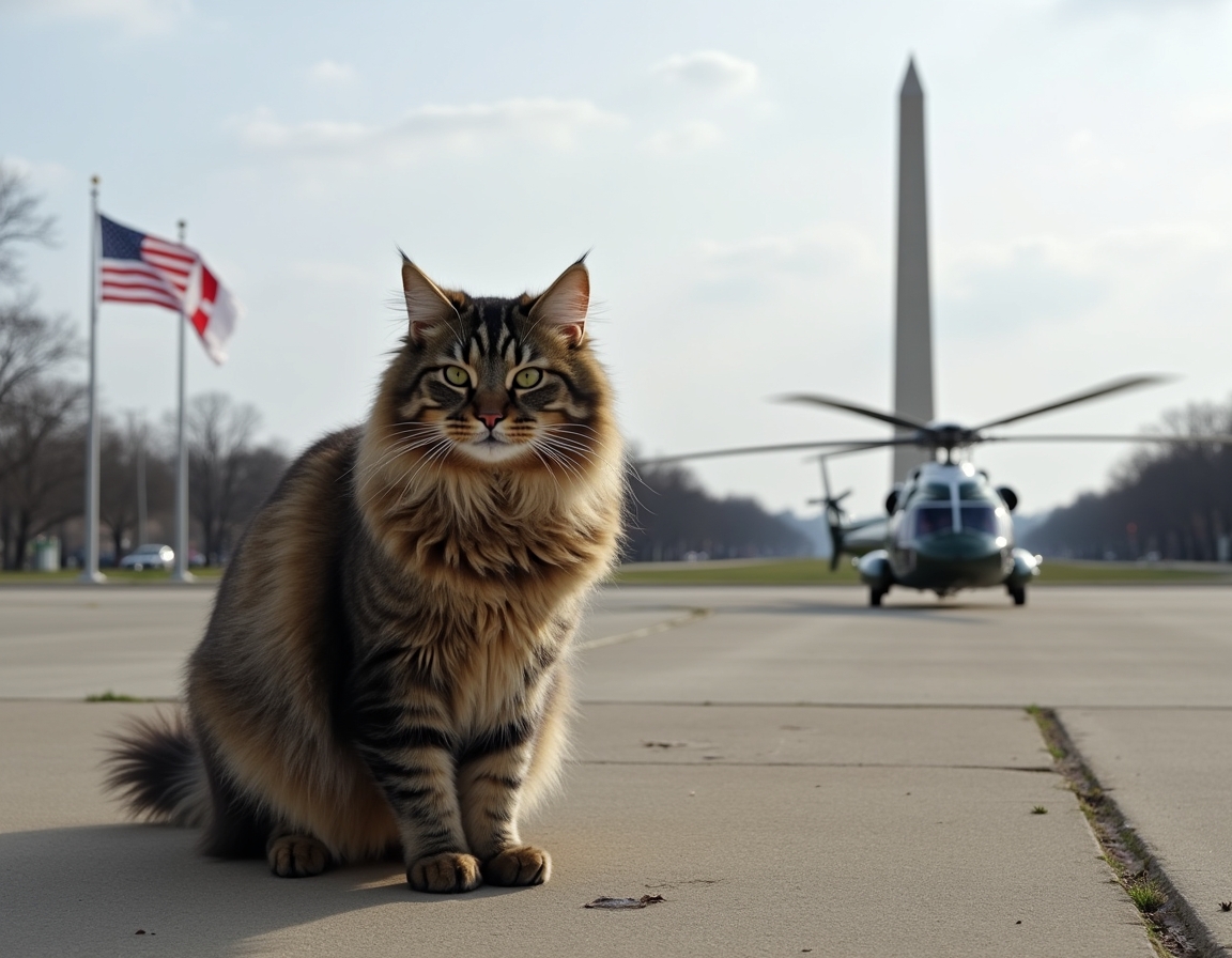 Cat braves the rotor wash beside Marine One, capturing a thrilling presidential travel send-off.