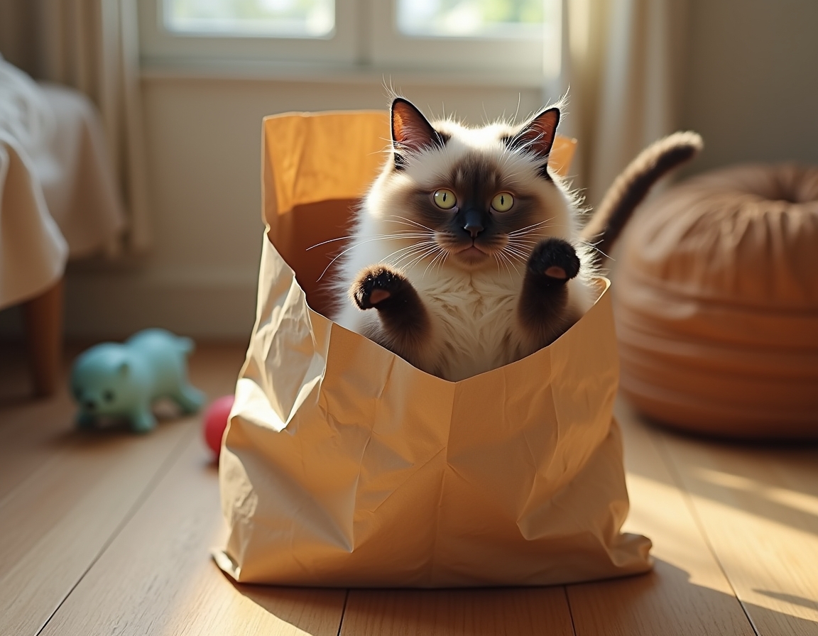 Cat hides partly inside a crumpled paper bag, with its paws playfully batting at the edges. The room features cozy decor with soft lighting and homey furniture.