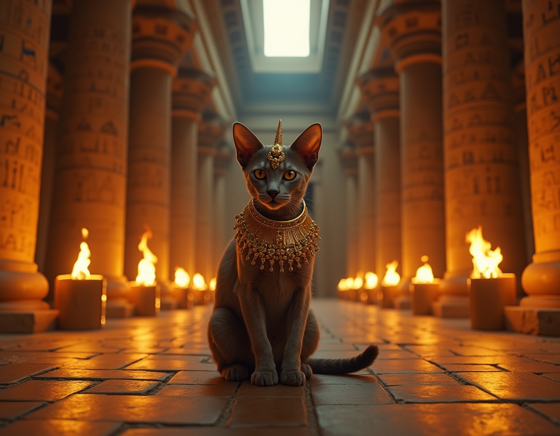 Cat dressed in luxurious golden regalia sits in an ancient Egyptian temple at night, surrounded by hieroglyphs and lit torches. The cat exudes the aura of a revered feline goddess, capturing the timeless majesty of ancient Egypt.