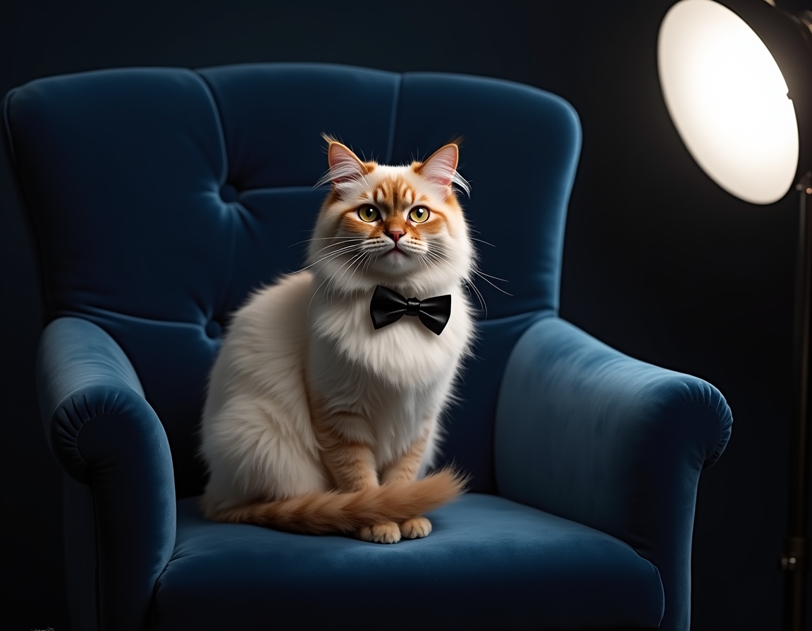 Photorealistic image of cat posed on a luxurious velvet chair in a studio. The backdrop is a deep navy blue with soft spotlighting that highlights the cat's fur and a sleek black bowtie, giving the scene a sophisticated, formal atmosphere.