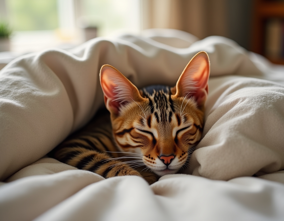 Cat is nestled under soft blankets on a bed, its eyes half-closed in peaceful relaxation. Morning sunlight streams through a nearby window, highlighting the soft textures of the bedding.