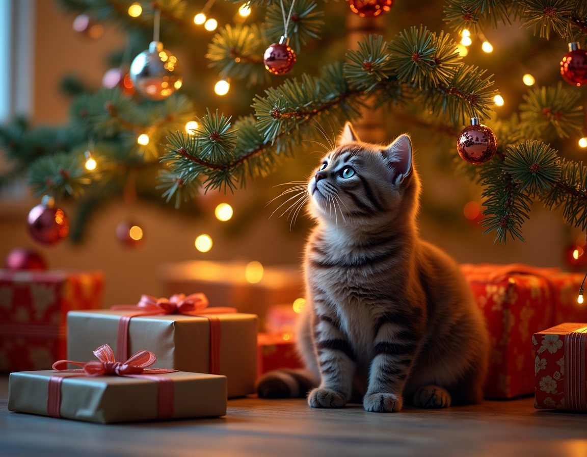 Cat sitting under a beautifully decorated Christmas tree, surrounded by twinkling lights, ornaments, and wrapped presents, with a warm, cozy glow.
