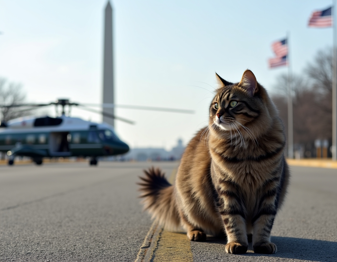 Cat braves the rotor wash beside Marine One, capturing a thrilling presidential travel send-off.