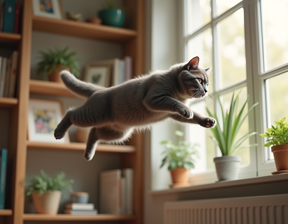 Cat leaps toward a tall shelf filled with books, plants, and framed photos. The room is well-lit with natural light, highlighting the cat’s graceful movement.