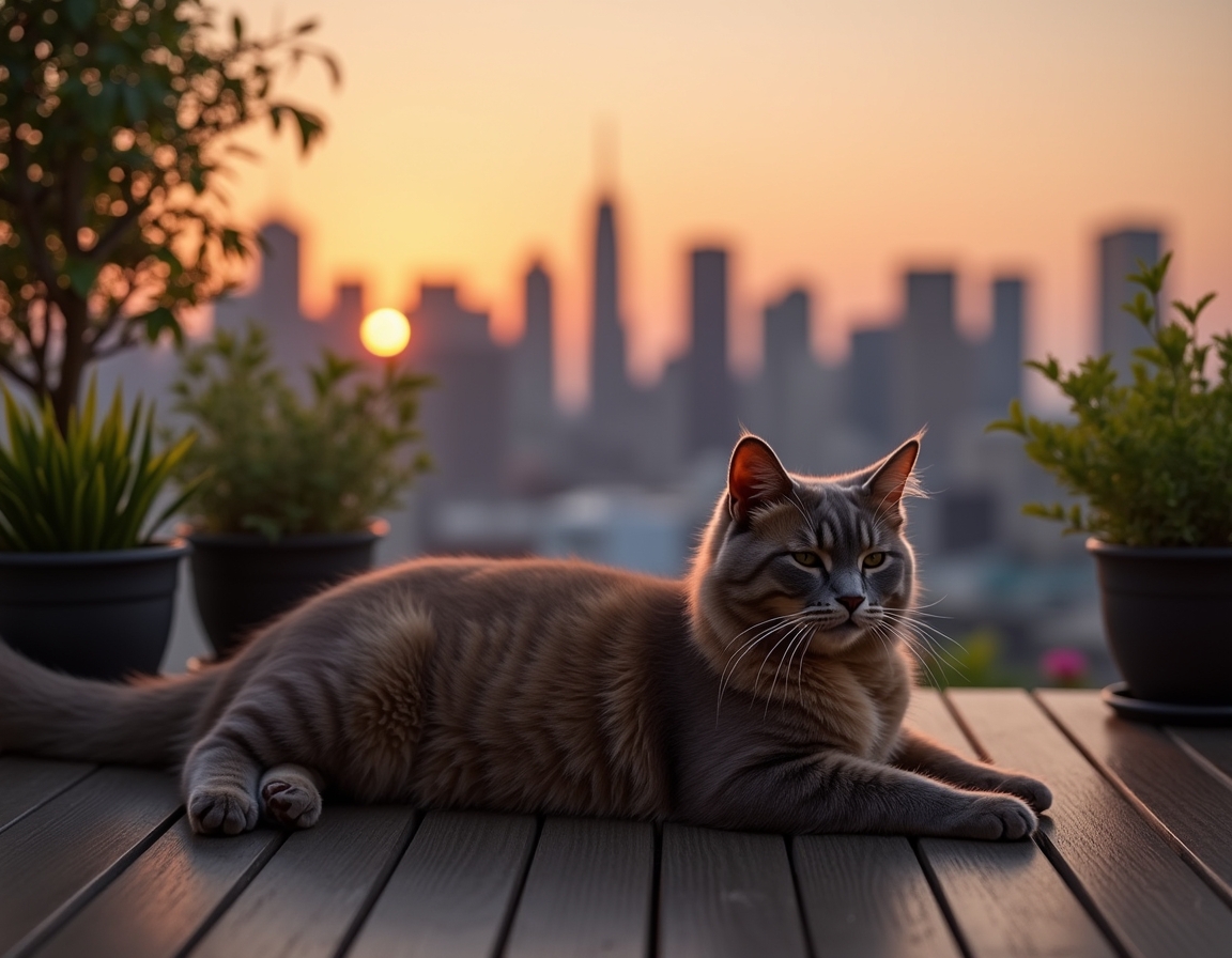 Cat relaxes on a rooftop terrace, enjoying the serenity above the urban buzz.