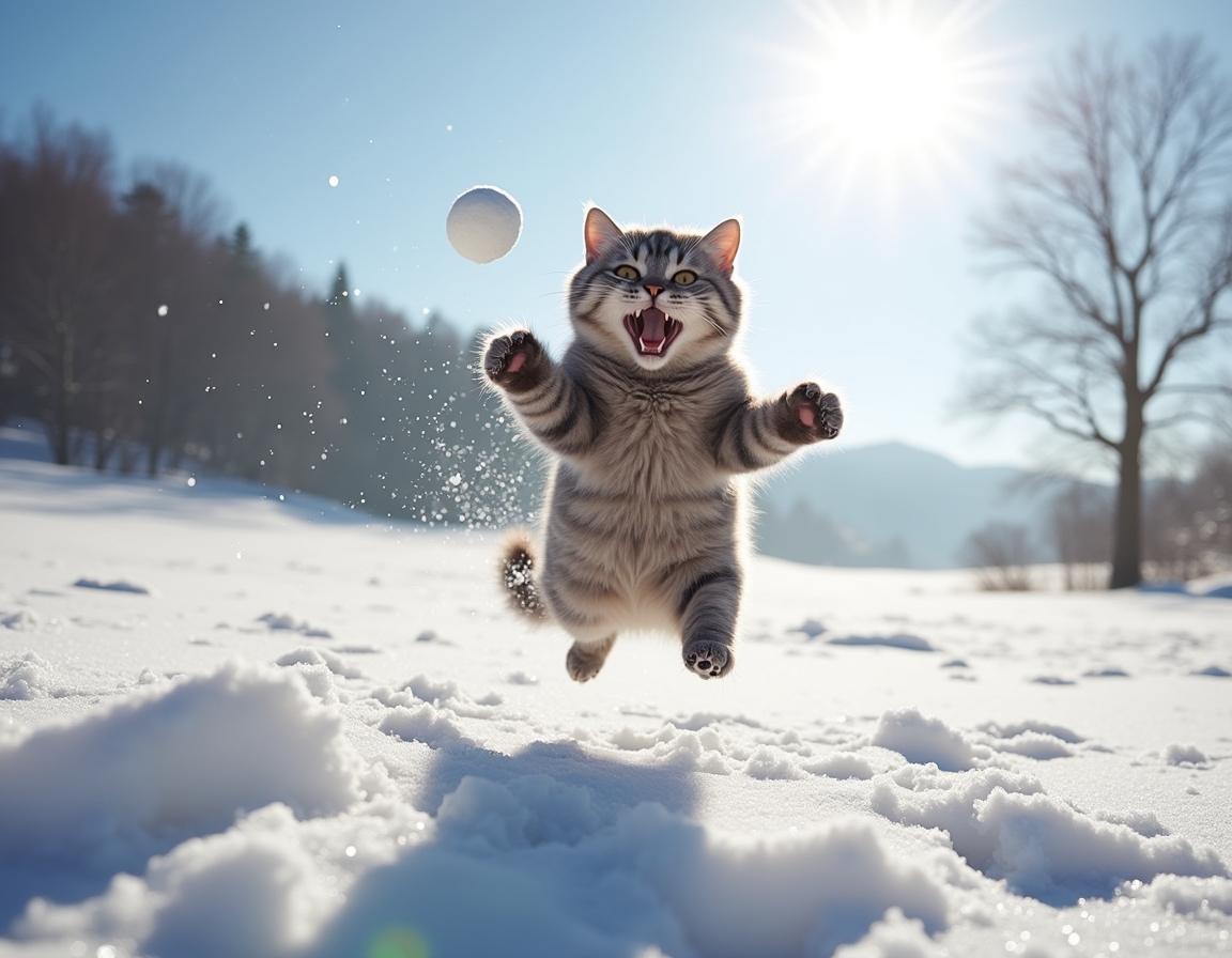 Cat leaps into the air, playfully trying to catch a snowball as it enjoys the winter wonderland with enthusiasm and excitement.