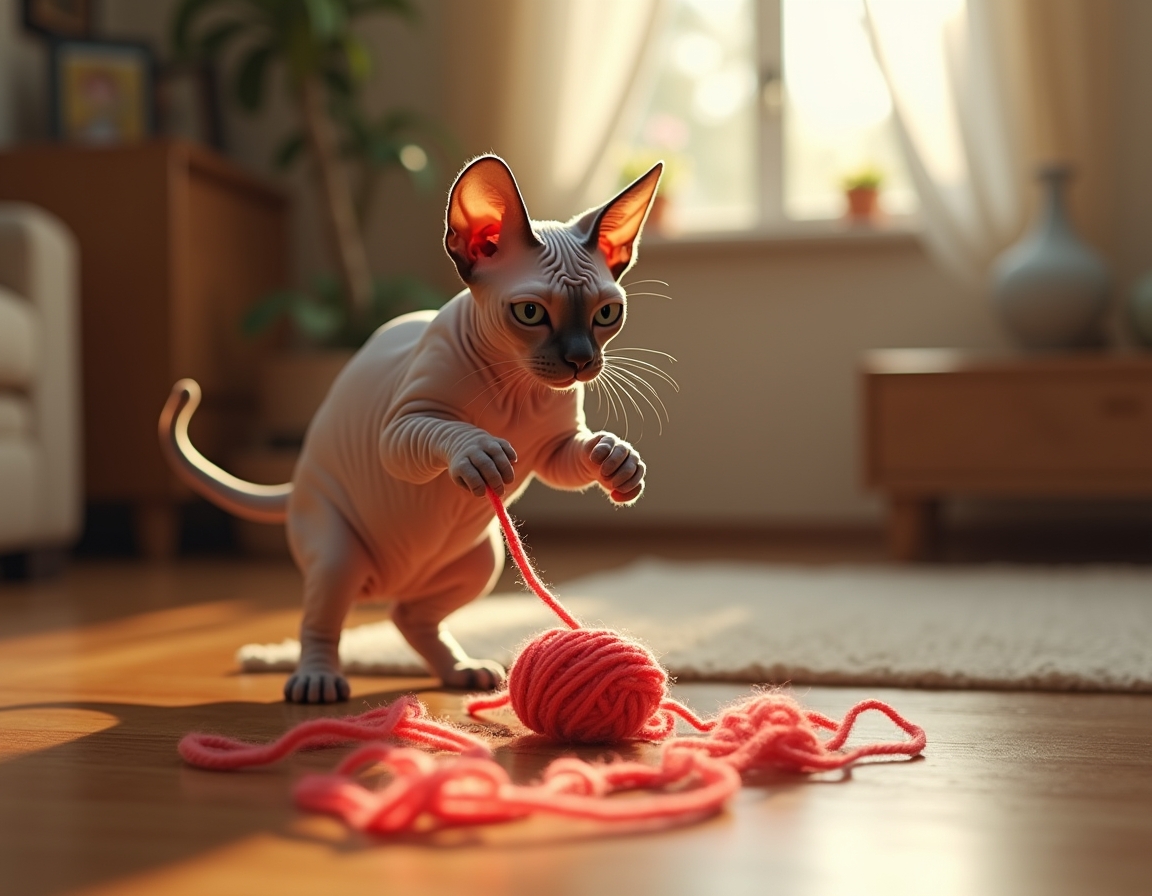 Cat pounces on a colorful ball of yarn on a wooden floor. The scene is bathed in soft sunlight streaming through a window, with a cozy room in the background.