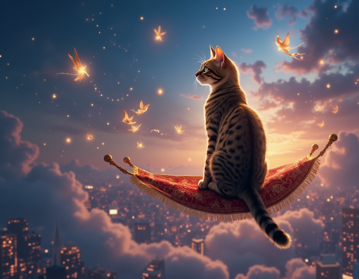Cat sits on a flying carpet, soaring above a magical city illuminated by sparkling lights. The cat gazes at shimmering buildings and magical creatures floating around it