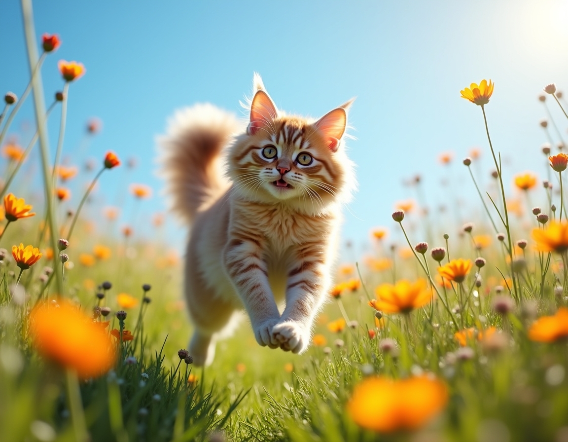 Cat enjoys the beauty of a flower-filled meadow, exploring the bright and colorful setting.
