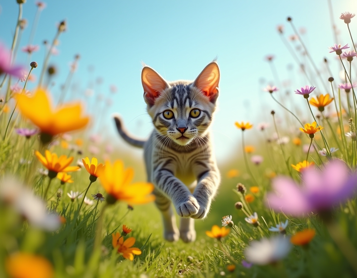 Cat enjoys the beauty of a flower-filled meadow, exploring the bright and colorful setting.