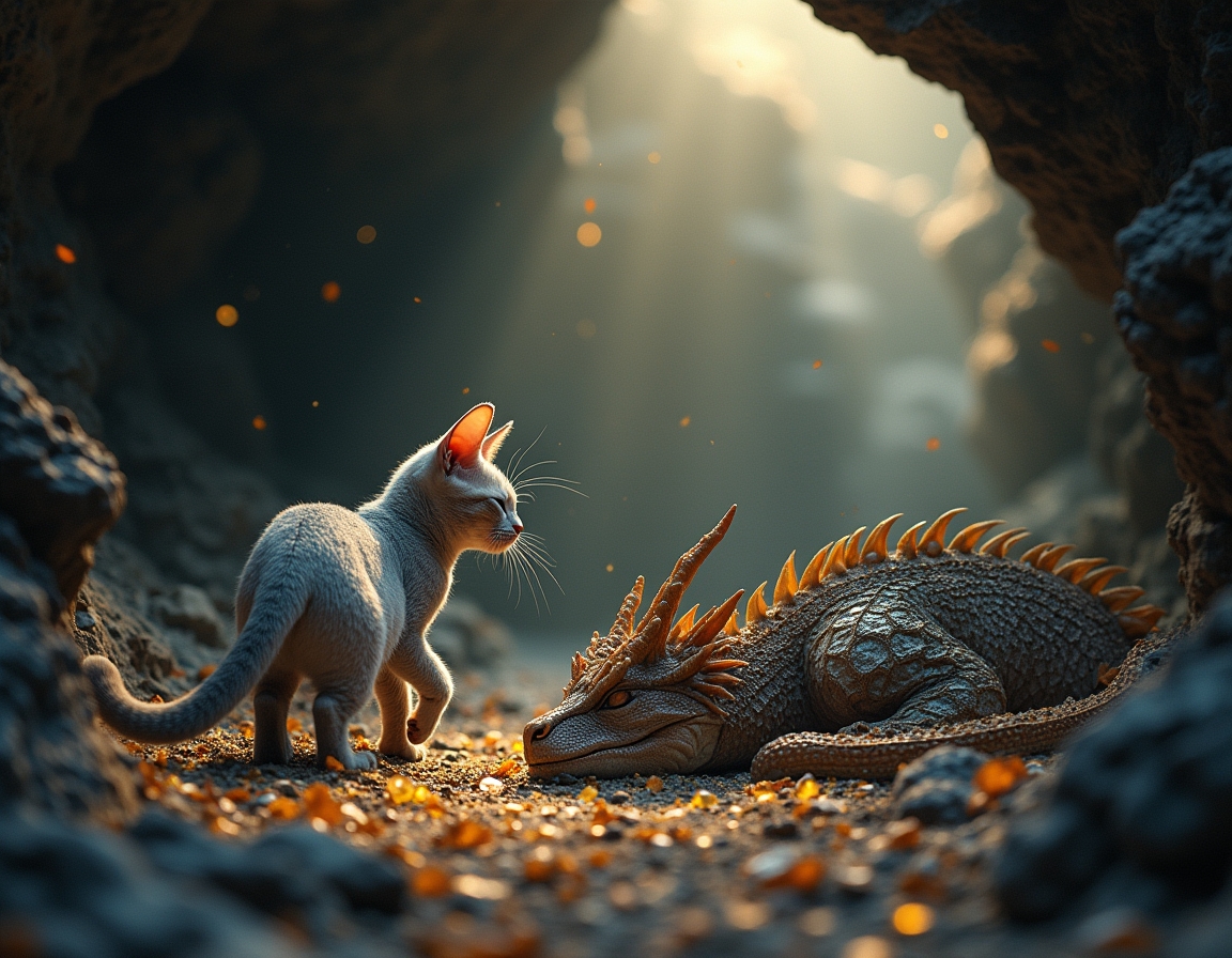 Cat explores a hidden cavern where a dragon slumbers among piles of glittering gems. Subtle beams of light illuminate the cat’s cautious journey through this fantastical realm.