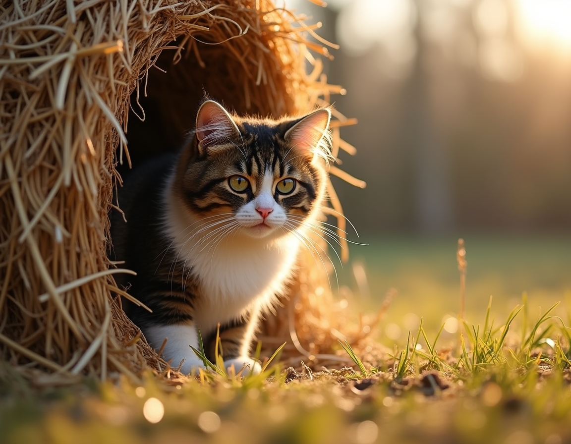 Cat finds a cozy nook within a haystack, soaking in the warmth and calm of the farm.