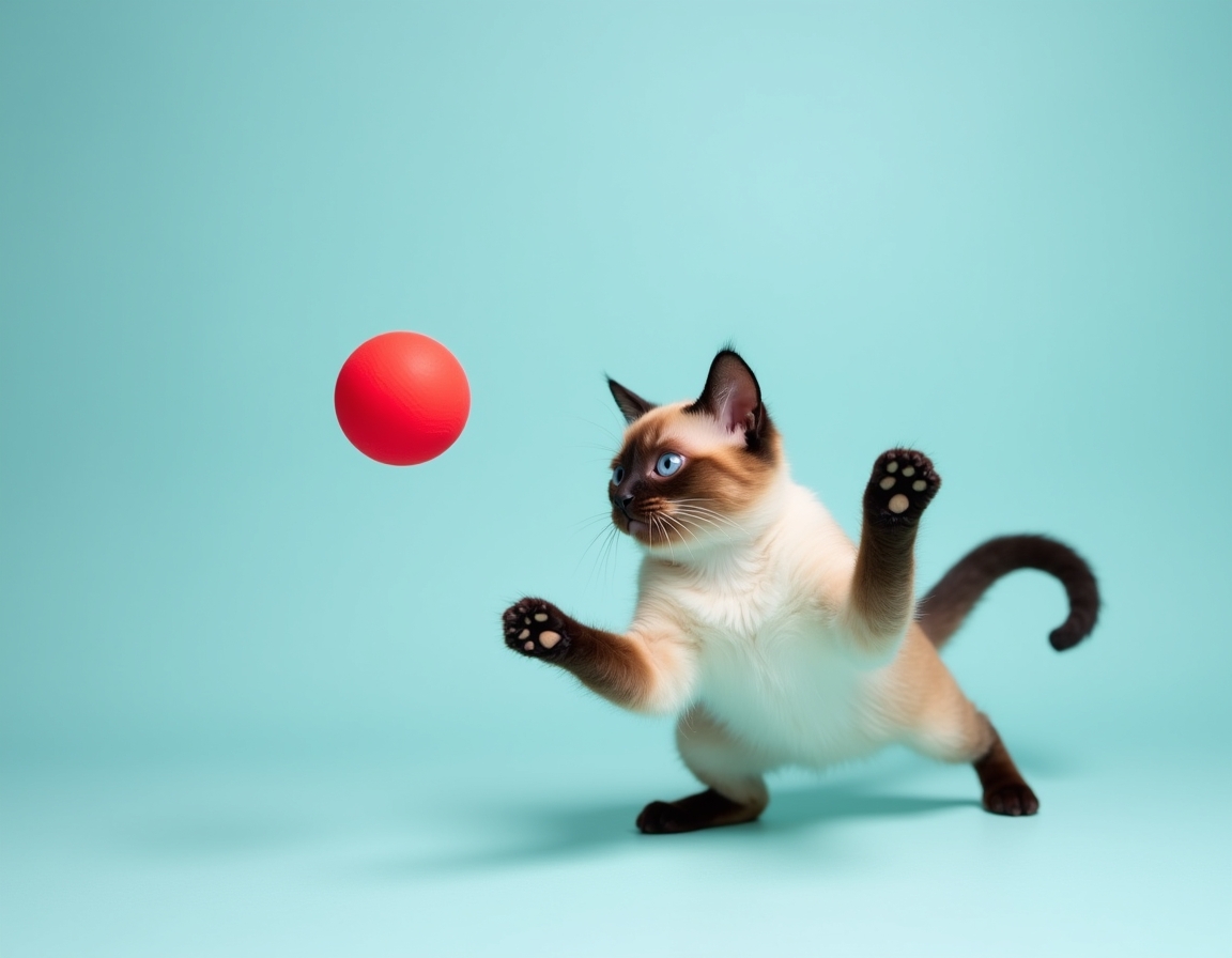 Playful studio photo of cat interacting with a bright red ball. The cat is mid-action with its paw raised, and the pastel blue background and balanced lighting create a cheerful, vibrant atmosphere that highlights the cat’s agility and energy.
