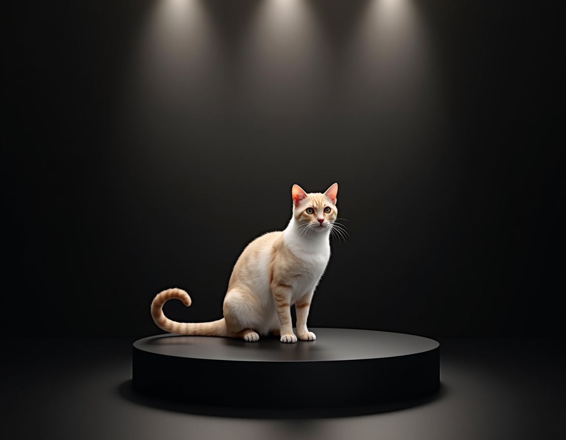 Photorealistic studio portrait of cat sitting elegantly on a black podium under a bright spotlight.