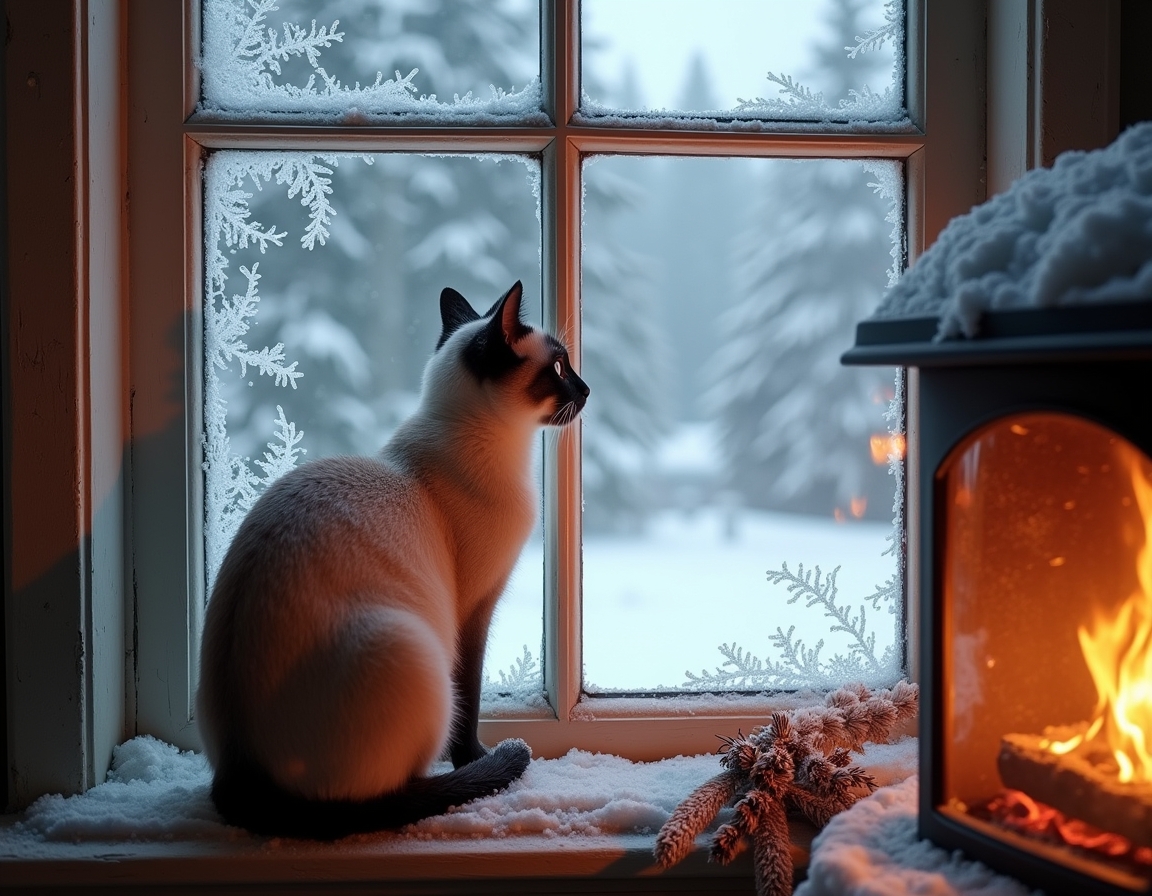 Cat looks out a frosted window at the snowy world outside, while the cozy warmth of the cabin and the glow of the fireplace create a peaceful, inviting atmosphere.