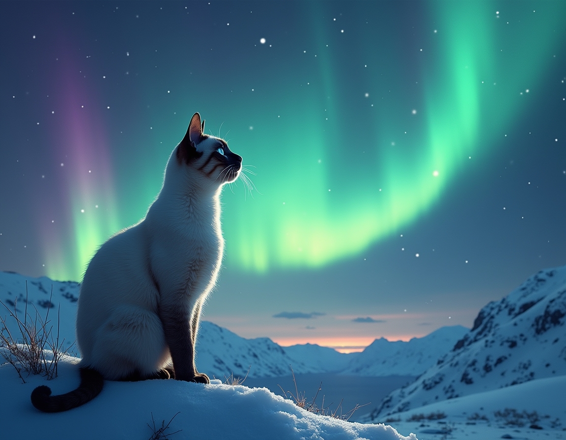 Cat watches in awe as the Northern Lights light up the night sky, casting vibrant colors across the snowy landscape, creating a surreal and magical winter adventure.