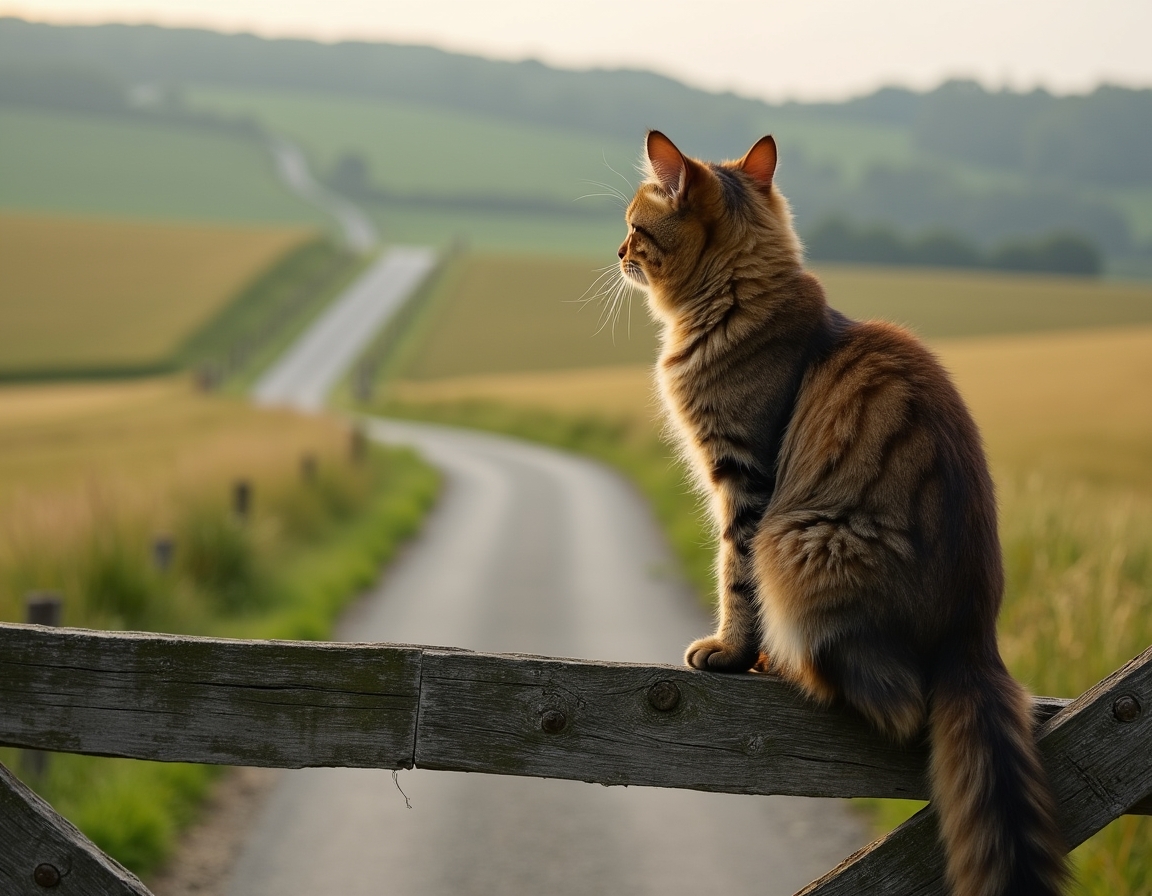 Cat gazes at the quiet beauty of a country road, framed by a weathered wooden gate.
